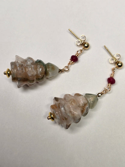 Sakura Agate & Ruby Christmas Tree Dangle Earrings Sacred Sol Design