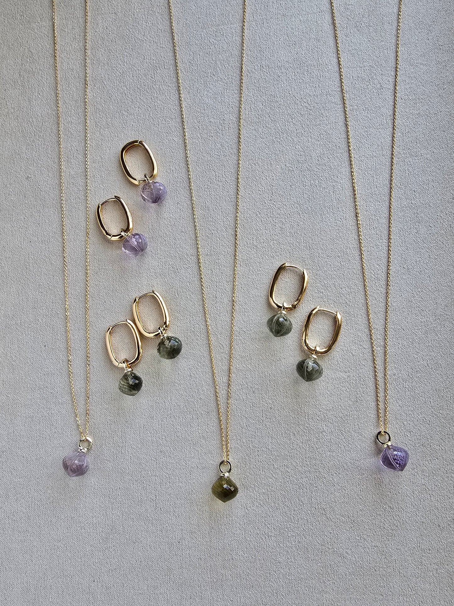 AAA Carved Gemstone Drop Hoop Earrings & Necklaces | Green Amethyst, Purple Amethyst, Prasiolite | Gold Hoop Earings Sacred Sol Design