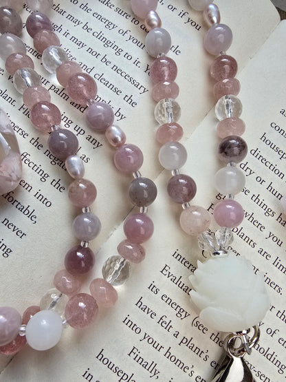 Lotus Bloom Lanyard - Purple Rose Quartz, Plum Jade, Strawberry Quartz, Pink Pearls Sacred Sol Design