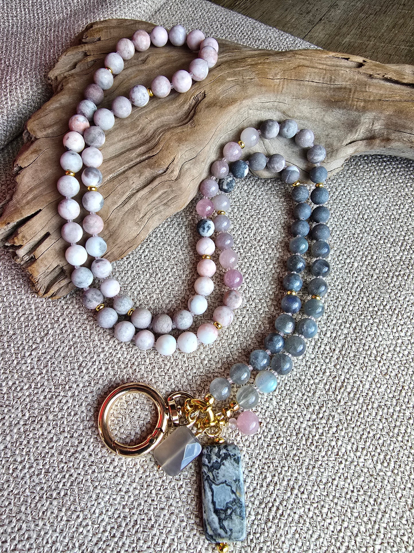 Matte Jasper, Labradorite & Rose Quartz Necklace/Lanyard Combo