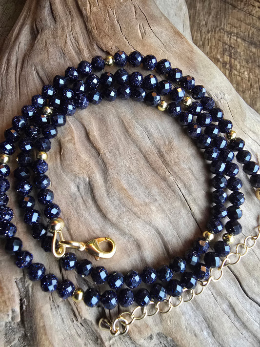 Midnight Blue Goldstone Necklace – Faceted Gemstone – Gold Filled – 21” Layering Necklace Sacred Sol Design