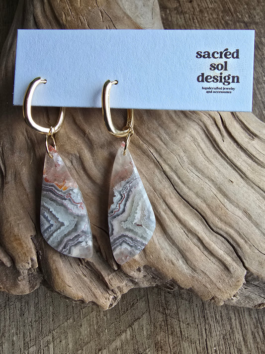 Gray Lace Agate Earrings – Neutral Banded Stone Drop Hoops Sacred Sol Design