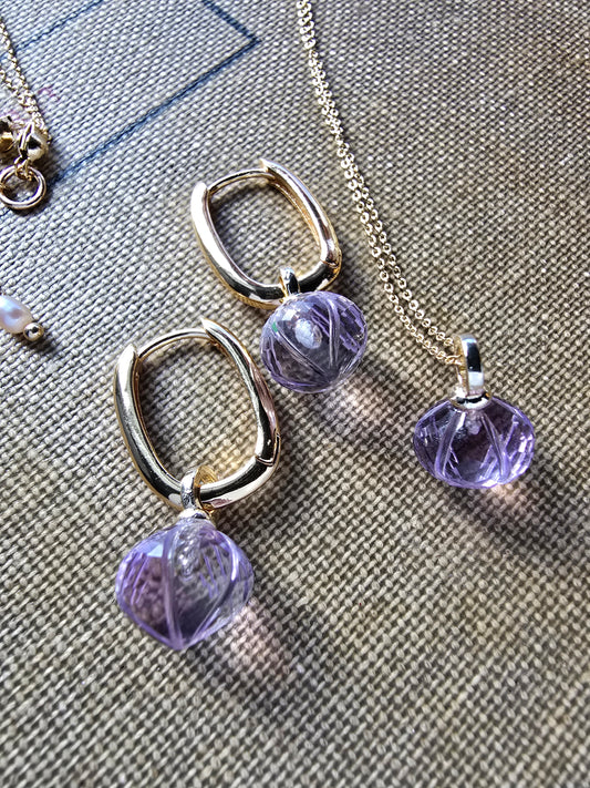 AAA Carved Gemstone Drop Hoop Earrings & Necklaces | Green Amethyst, Purple Amethyst, Prasiolite | Gold Hoop Earings Sacred Sol Design