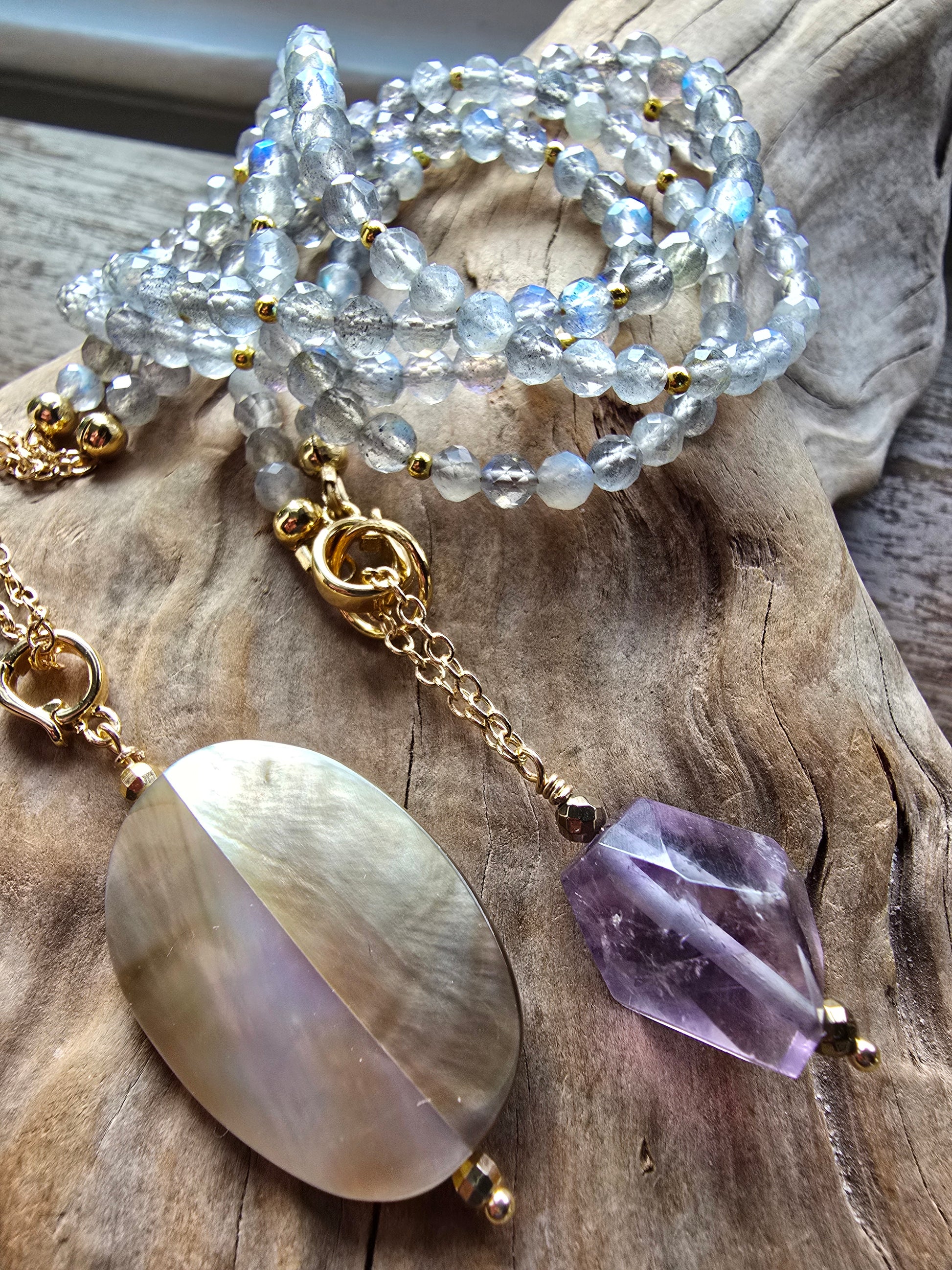 Solstice Drift Necklace | Labradorite, Amethyst & Mother of Pearl Layered Drop Necklace Sacred Sol Design