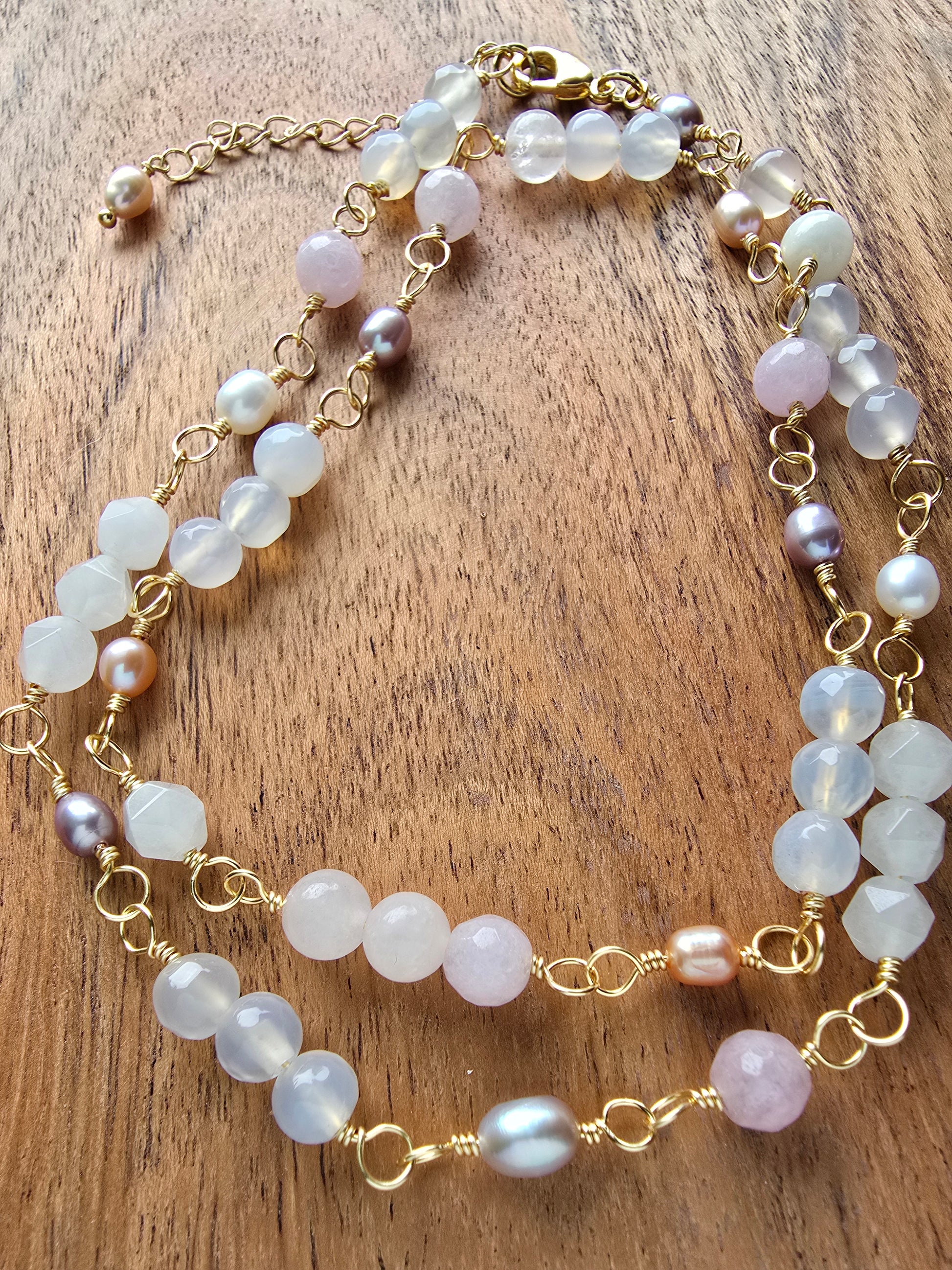 Hand-Wrapped White Agate, Rose Quartz & Freshwater Pearl Necklace Sacred Sol Design