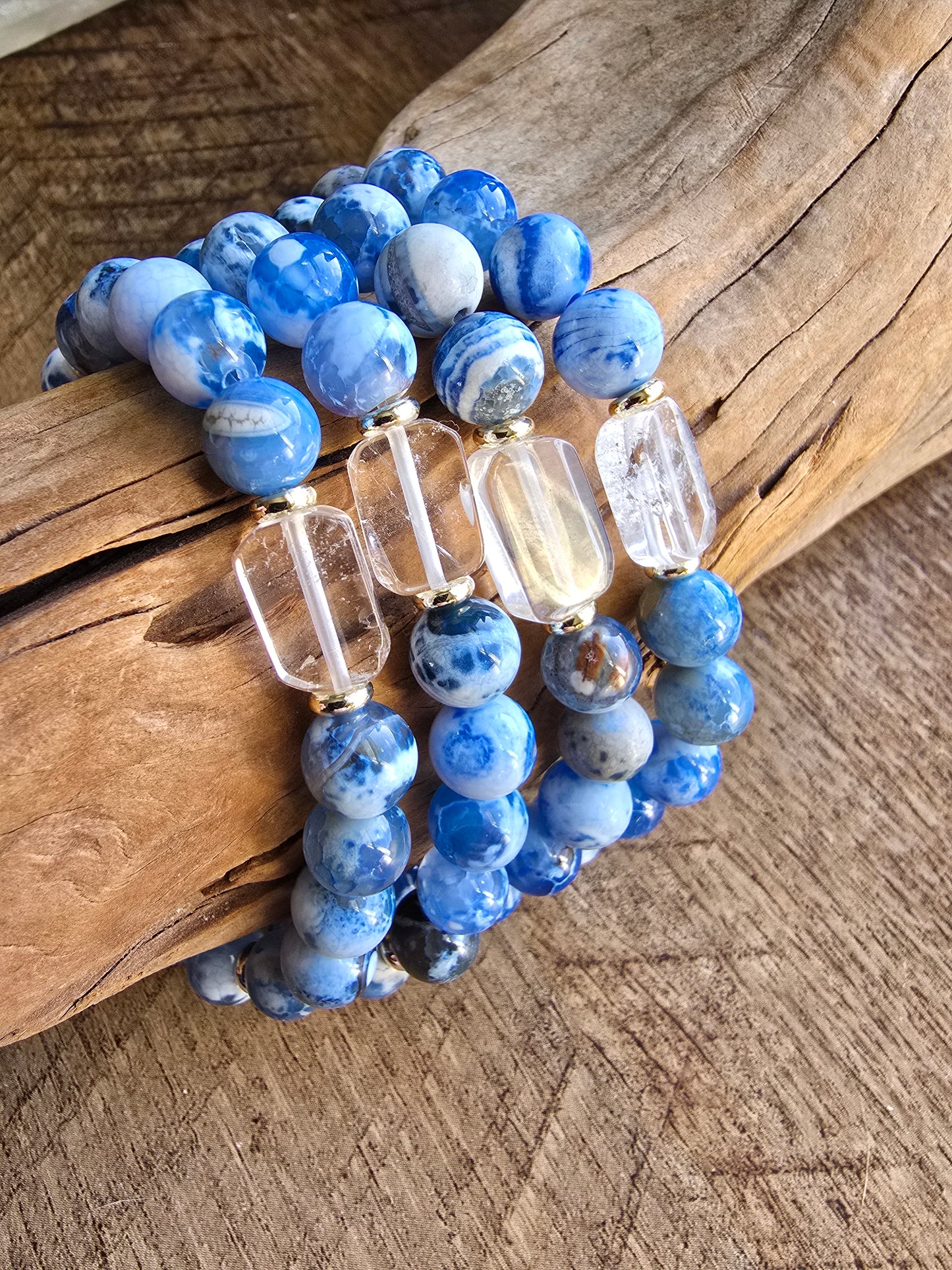 Agate Bracelet with Clear Quartz Focal, Blue or Green Gemstone Bracelet, Gold Plated Beaded Stretch Bracelet My Store