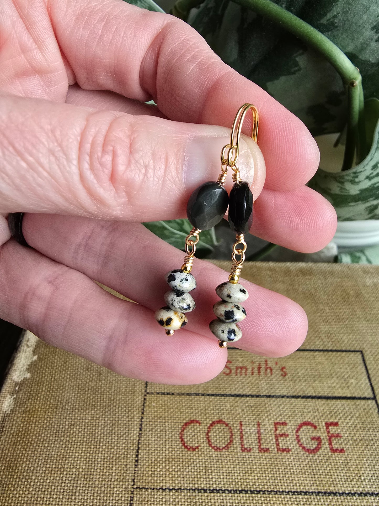Dalmatian Jasper & Faceted Black Agate Drop Earrings - Gold Plated Earrings Sacred Sol Design