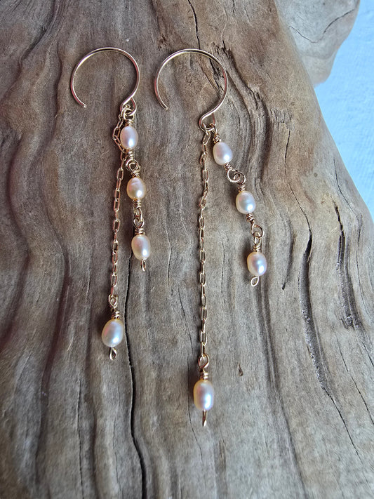 Dainty Cascading Pearl Earrings w/ Gold-Filled Hoops