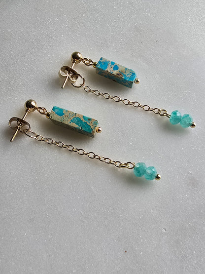 Turquoise Jasper Bar Earrings with Chain Dangle – Gold Plated Stud Earrings, Modern Minimal Stone Drops Sacred Sol Design