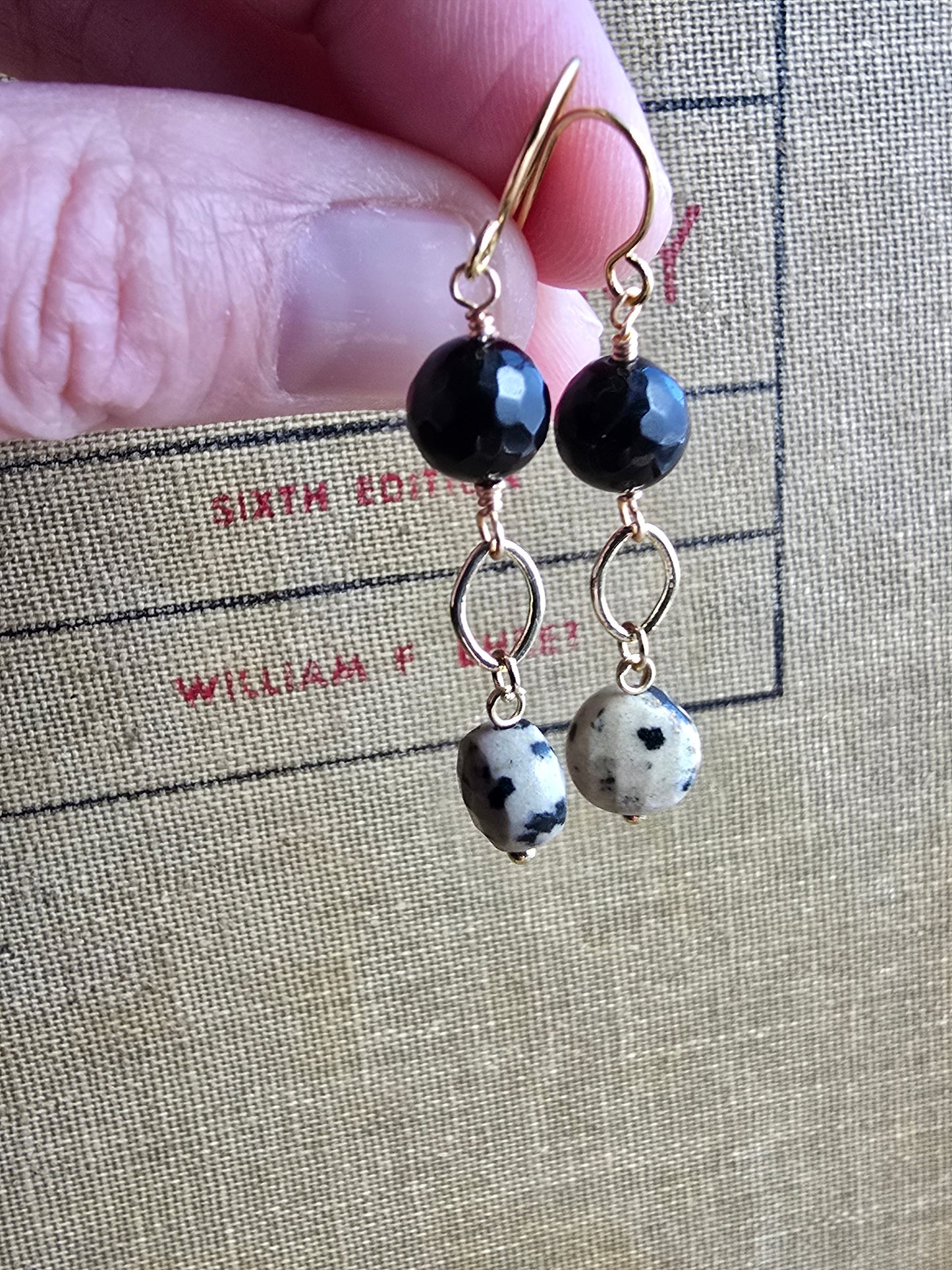Dalmatian Jasper & Faceted Black Agate Drop Earrings - Gold Plated Earrings Sacred Sol Design