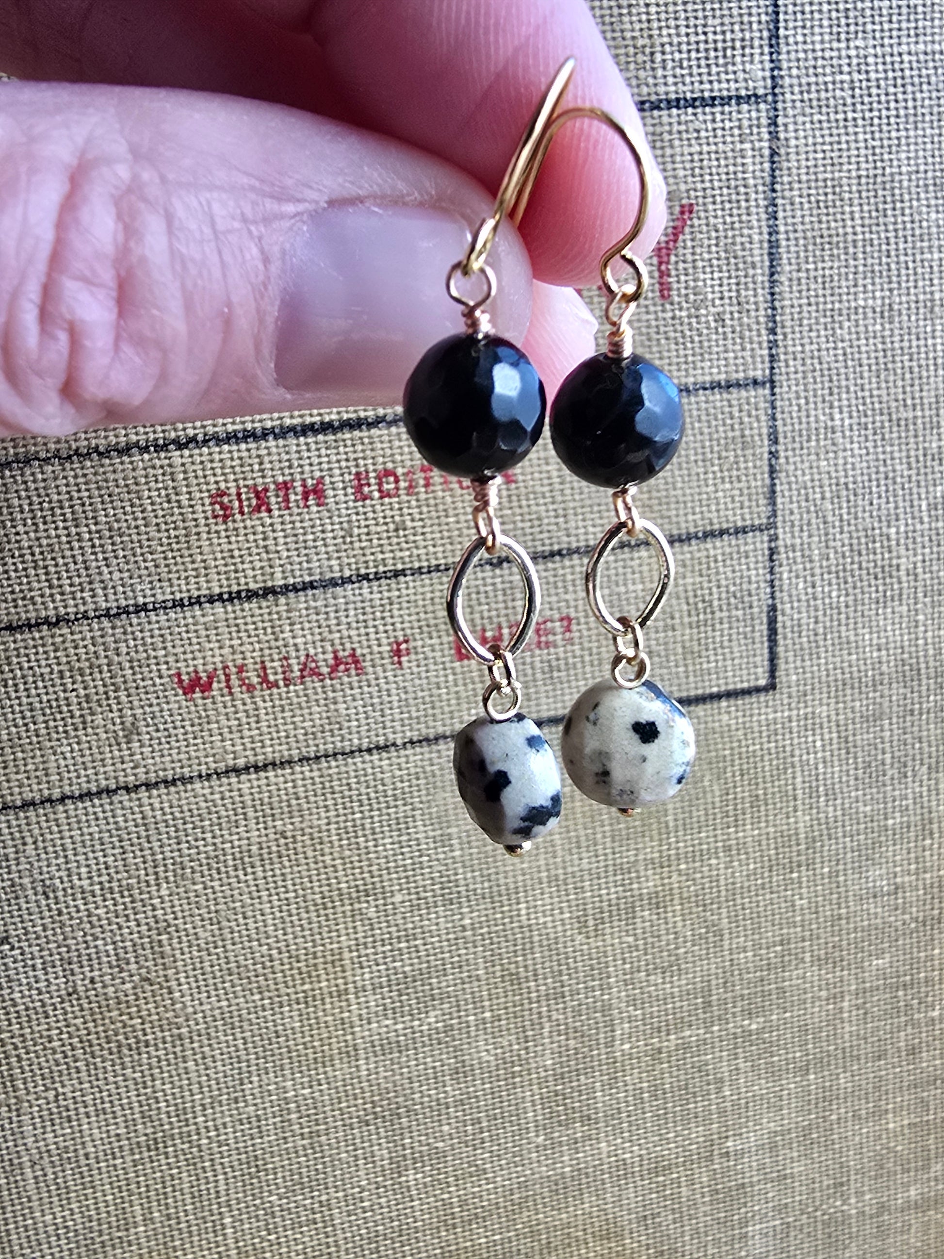 Dalmatian Jasper & Faceted Black Agate Drop Earrings - Gold Plated Earrings Sacred Sol Design