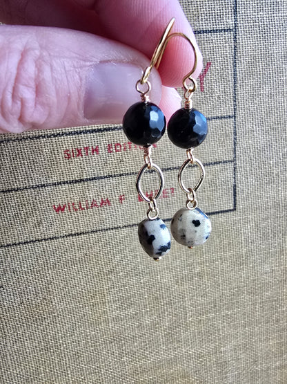 Dalmatian Jasper & Faceted Black Agate Drop Earrings - Gold Plated Earrings Sacred Sol Design