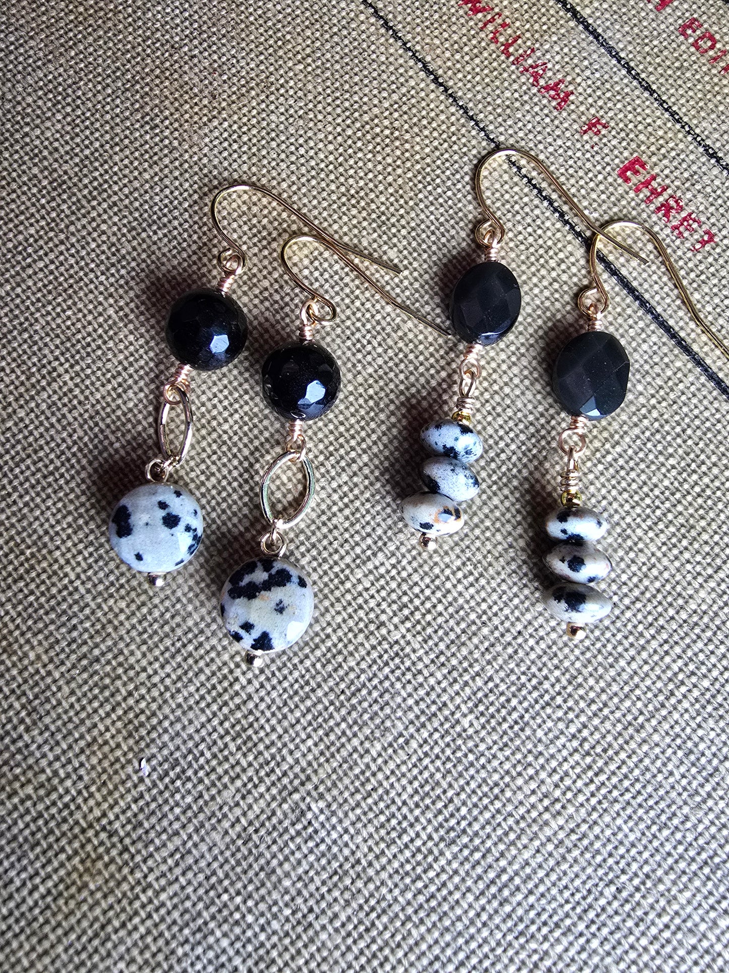 Dalmatian Jasper & Faceted Black Agate Drop Earrings - Gold Plated Earrings Sacred Sol Design