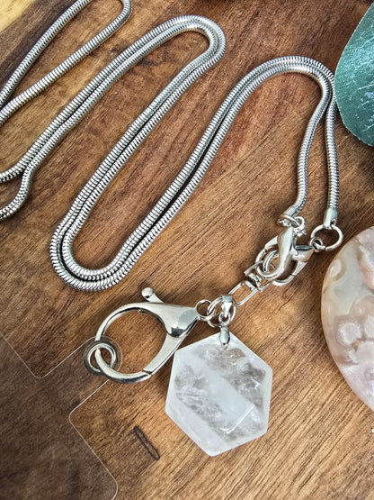 Elegant Snake Chain Lanyard with Natural Quartz Charm Sacred Sol Design