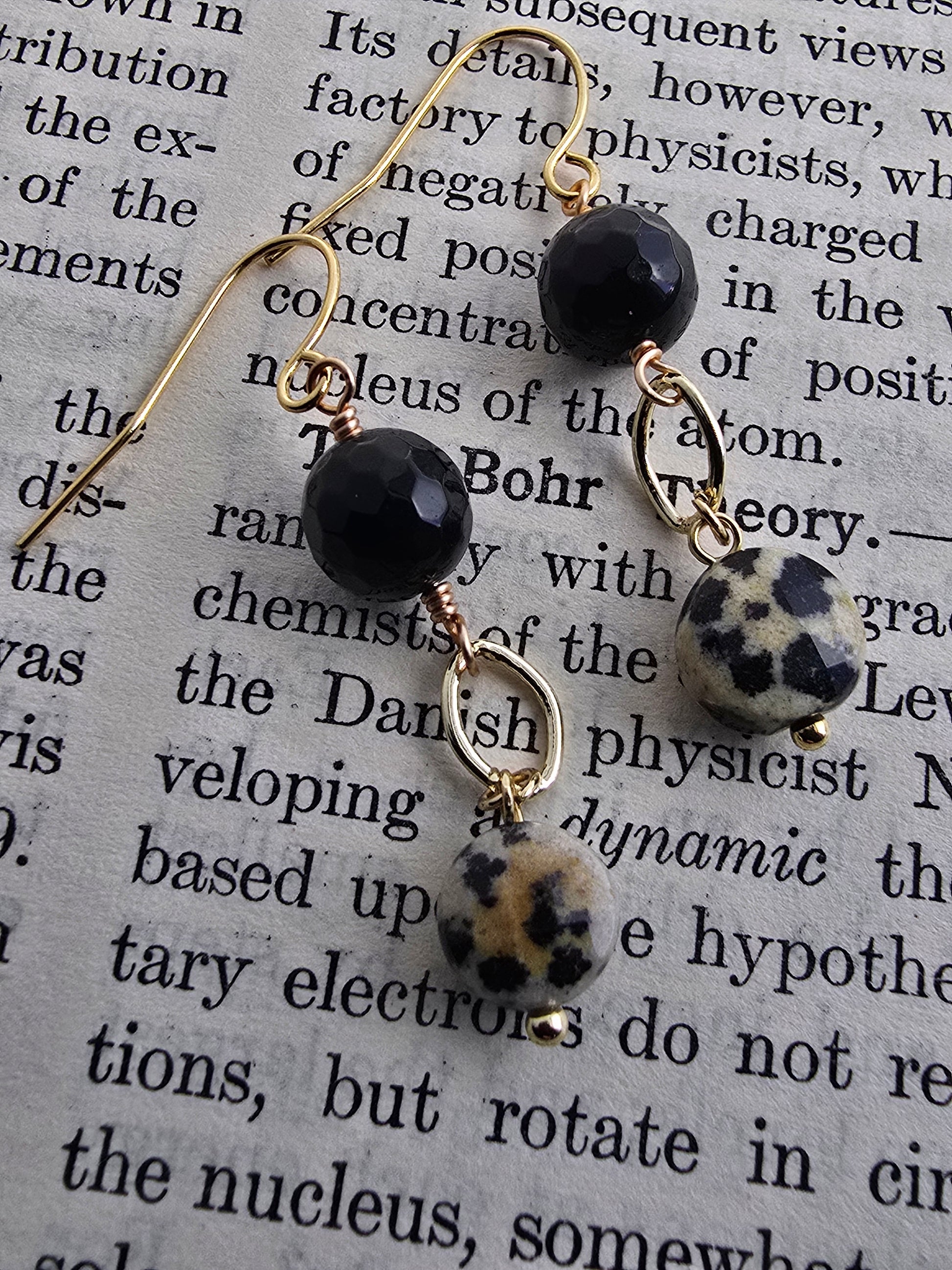 Dalmatian Jasper & Faceted Black Agate Drop Earrings - Gold Plated Earrings Sacred Sol Design