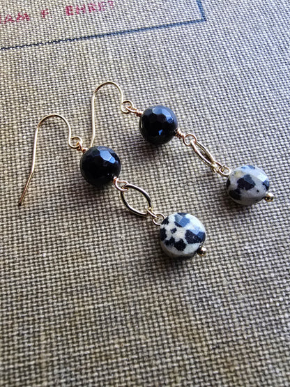 Dalmatian Jasper & Faceted Black Agate Drop Earrings - Gold Plated Earrings Sacred Sol Design