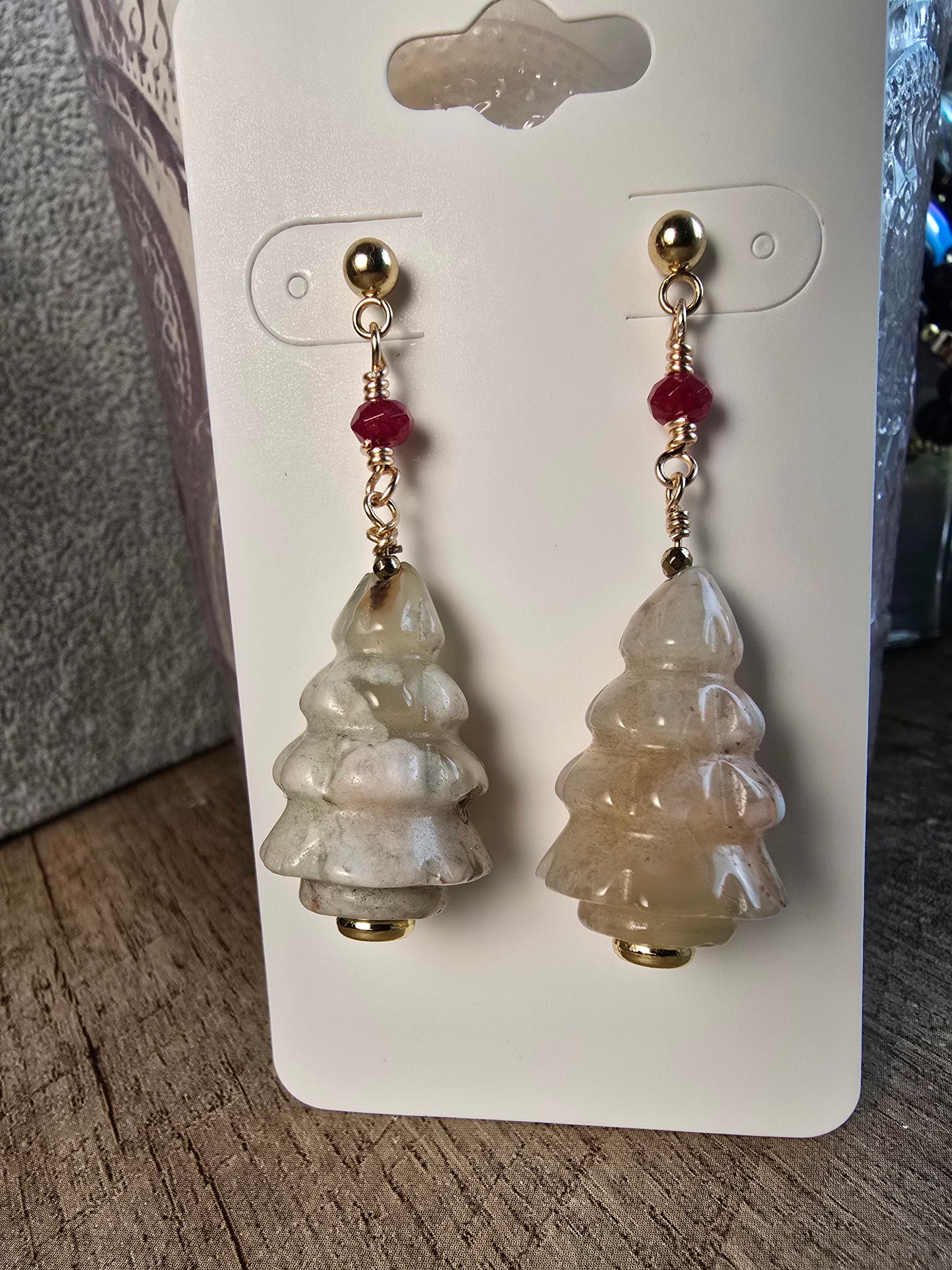 Sakura Agate & Ruby Christmas Tree Dangle Earrings Sacred Sol Design