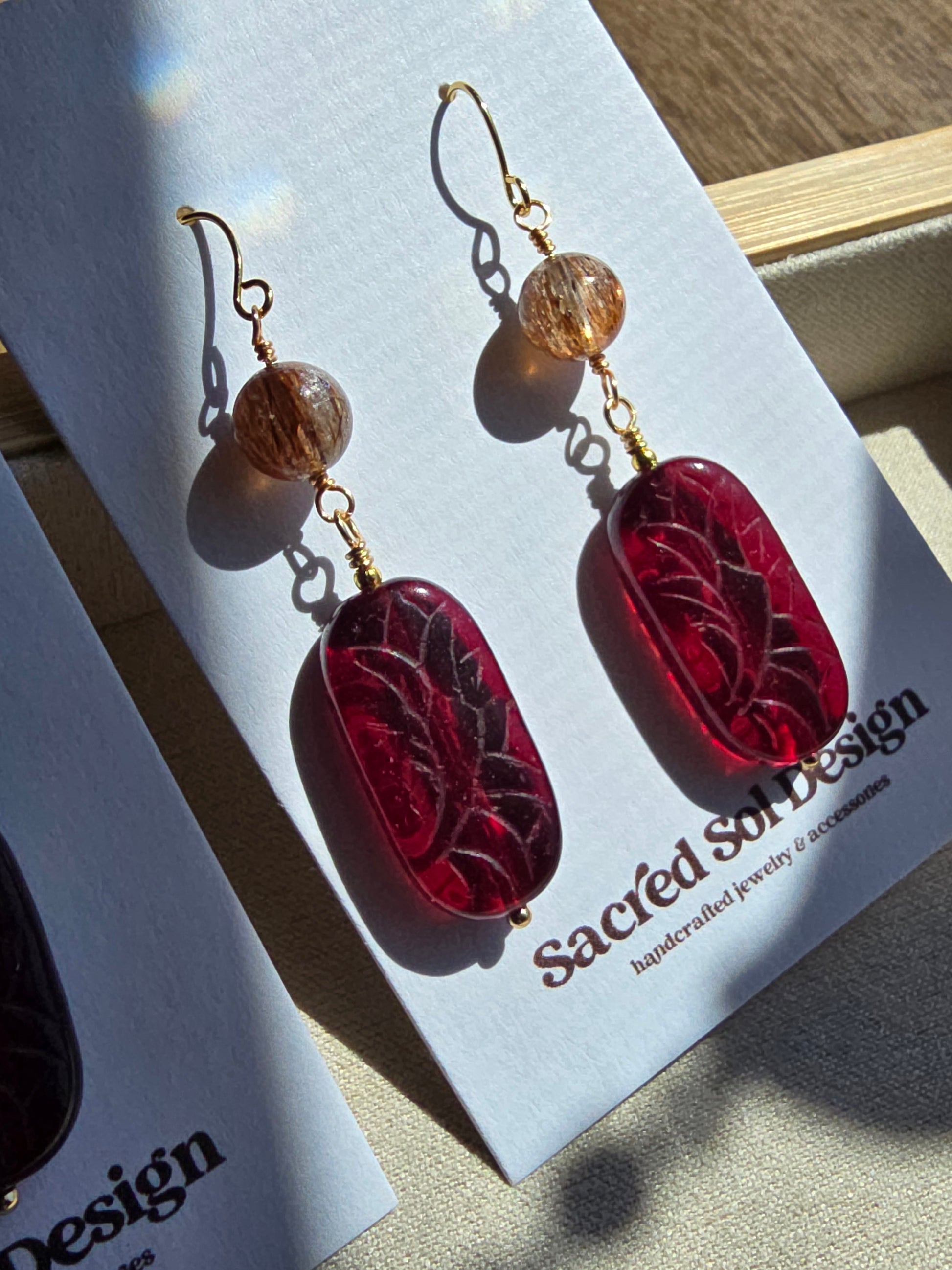 Rutilated Quartz & Carved Czech Glass Drop Earrings Sacred Sol Design