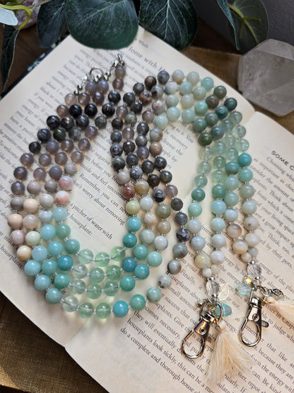 Coastal Calm Lanyard - Amazonite, Green Fluorite, Grey Agate, Larvikite Sacred Sol Design