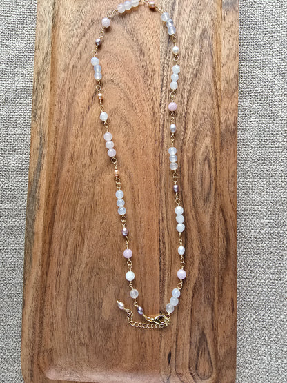 Hand-Wrapped White Agate, Rose Quartz & Freshwater Pearl Necklace Sacred Sol Design