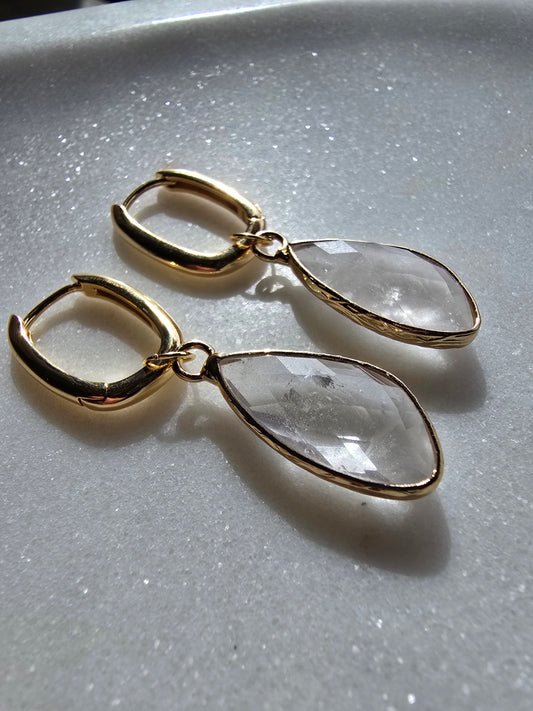 Gold Hoop Quartz Drop Earrings – Faceted Clear Quartz Teardrops Sacred Sol Design