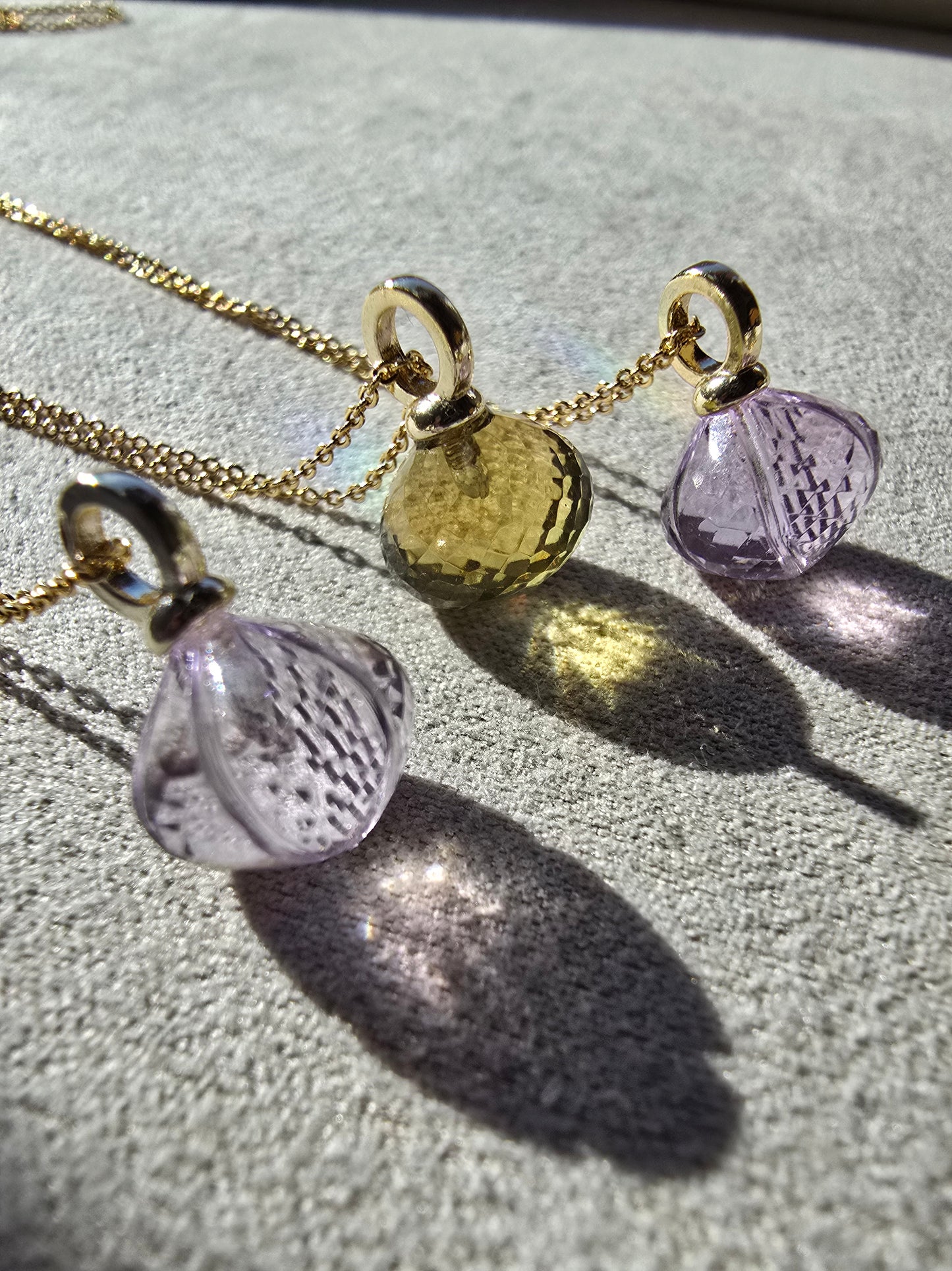 AAA Carved Gemstone Drop Hoop Earrings & Necklaces | Green Amethyst, Purple Amethyst, Prasiolite | Gold Hoop Earings Sacred Sol Design