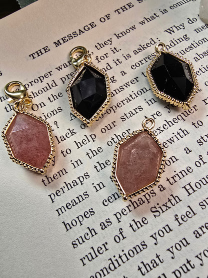 Faceted Natural Gemstone Charm | 18K Gold Plated Onyx & Strawberry Quartz Accent My Store