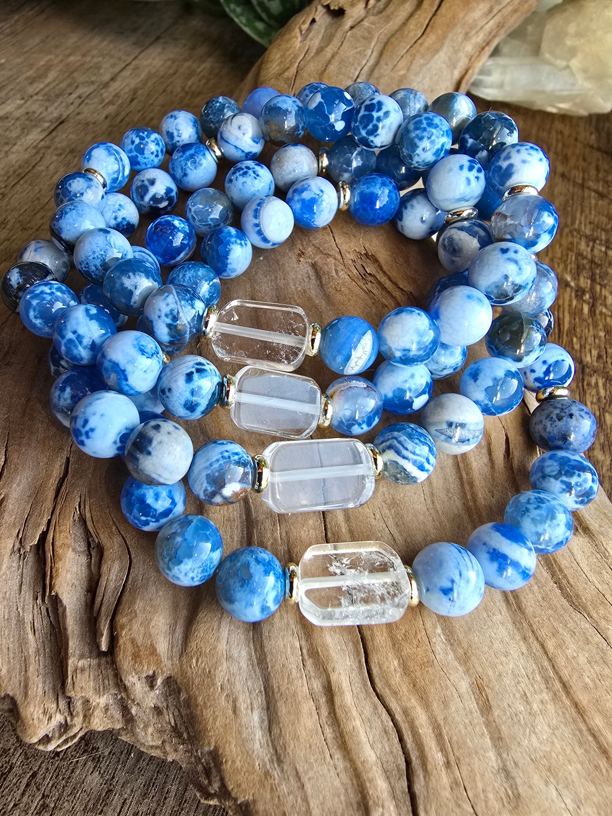 Agate Bracelet with Clear Quartz Focal, Blue or Green Gemstone Bracelet, Gold Plated Beaded Stretch Bracelet My Store