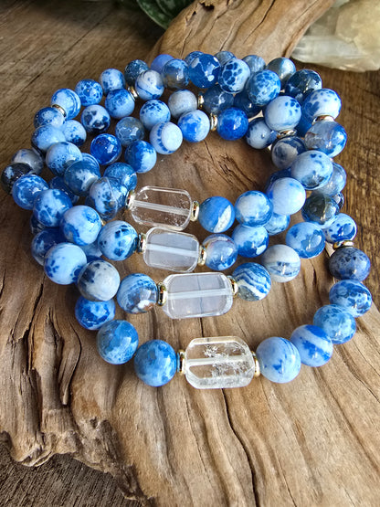 Agate Bracelet with Clear Quartz Focal, Blue or Green Gemstone Bracelet, Gold Plated Beaded Stretch Bracelet My Store