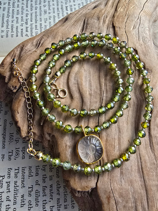 Green Zircon Necklace with Carved Quartz Flower Focal – Gold Filled Gemstone Necklace Sacred Sol Design