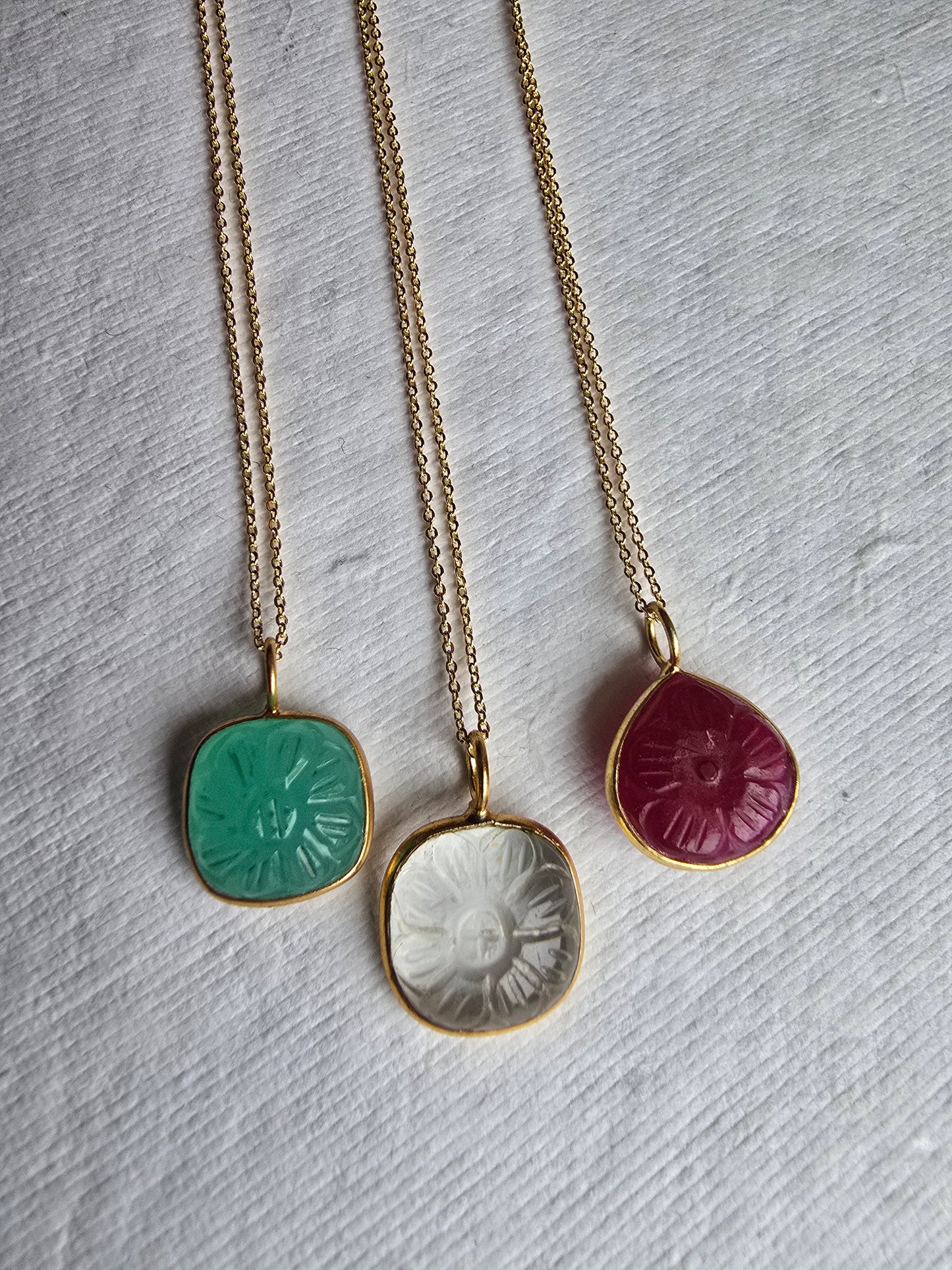 Hand Carved Chalcedony, Ruby or Quartz Necklace – Gold Filled Chain – 18.5” Minimal Gemstone Pendant Sacred Sol Design