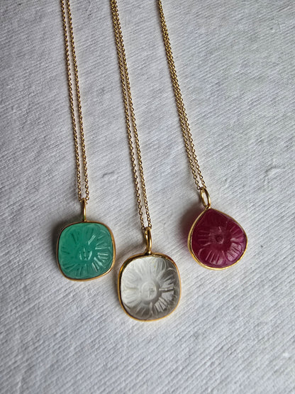 Hand Carved Chalcedony, Ruby or Quartz Necklace – Gold Filled Chain – 18.5” Minimal Gemstone Pendant Sacred Sol Design