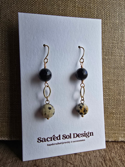 Dalmatian Jasper & Faceted Black Agate Drop Earrings - Gold Plated Earrings Sacred Sol Design