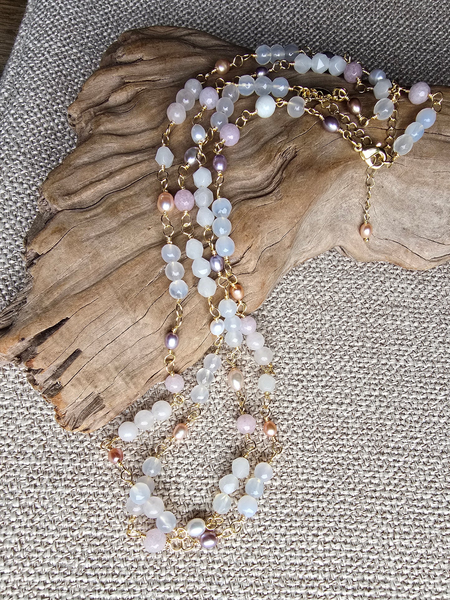 Hand-Wrapped White Agate, Rose Quartz & Freshwater Pearl Necklace Sacred Sol Design