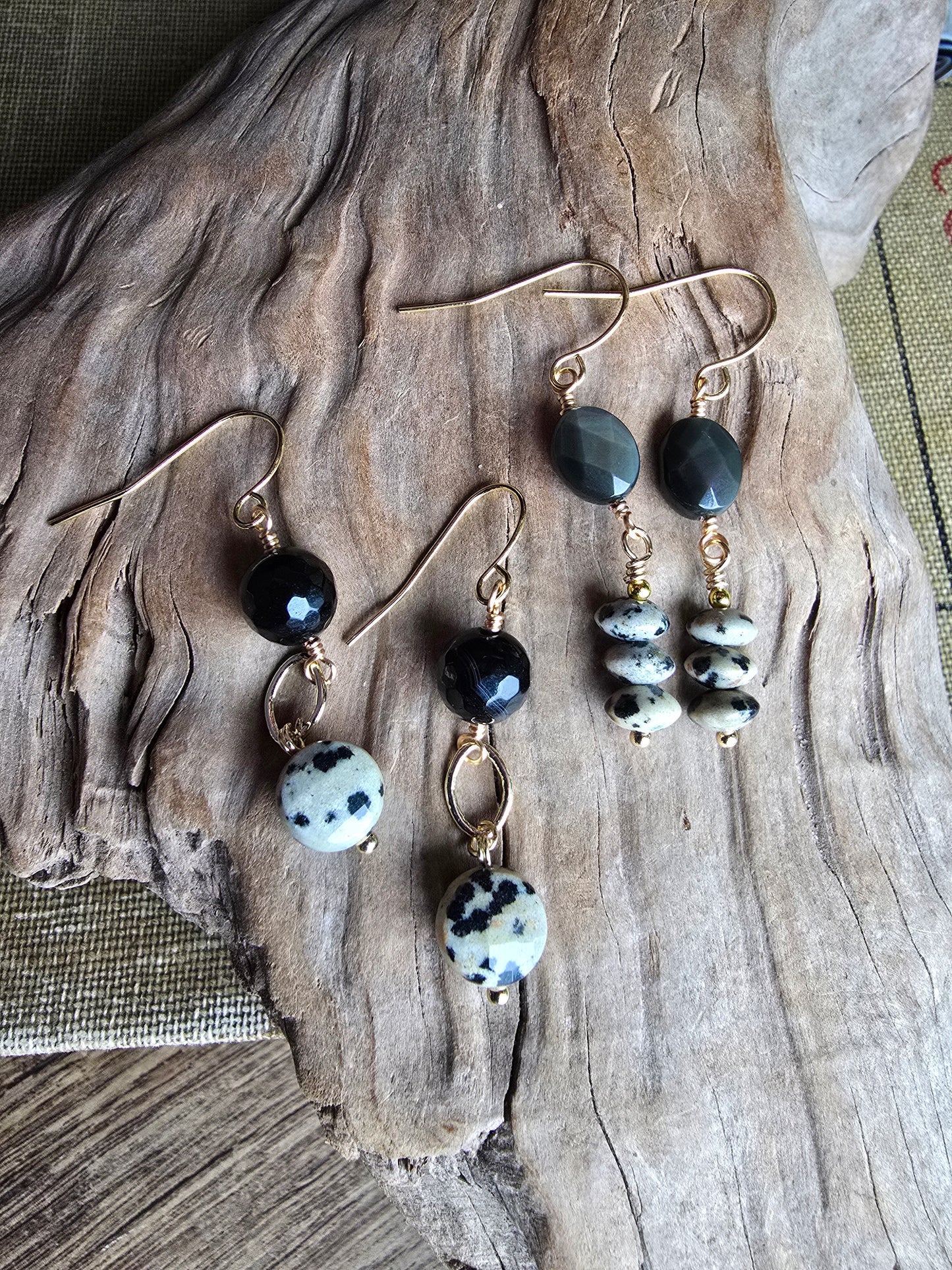 Dalmatian Jasper & Faceted Black Agate Drop Earrings - Gold Plated Earrings Sacred Sol Design