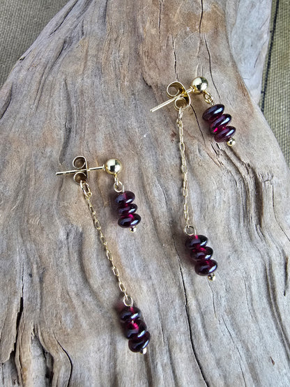 Garnet Earrings with Chain Dangle – Gold Plated Stud Earrings, Modern Minimal Stone Drops Sacred Sol Design