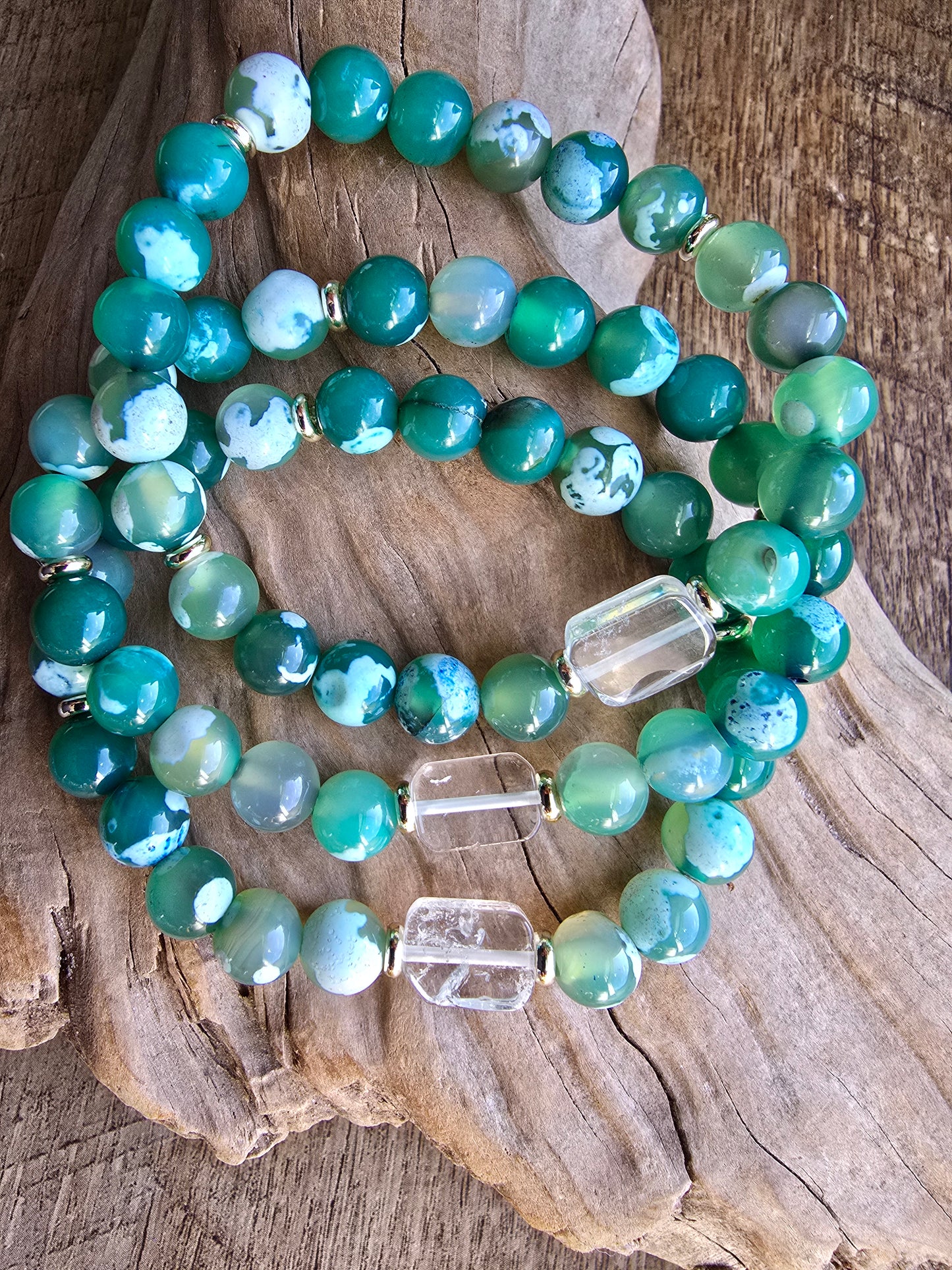 Agate Bracelet with Clear Quartz Focal, Blue or Green Gemstone Bracelet, Gold Plated Beaded Stretch Bracelet My Store