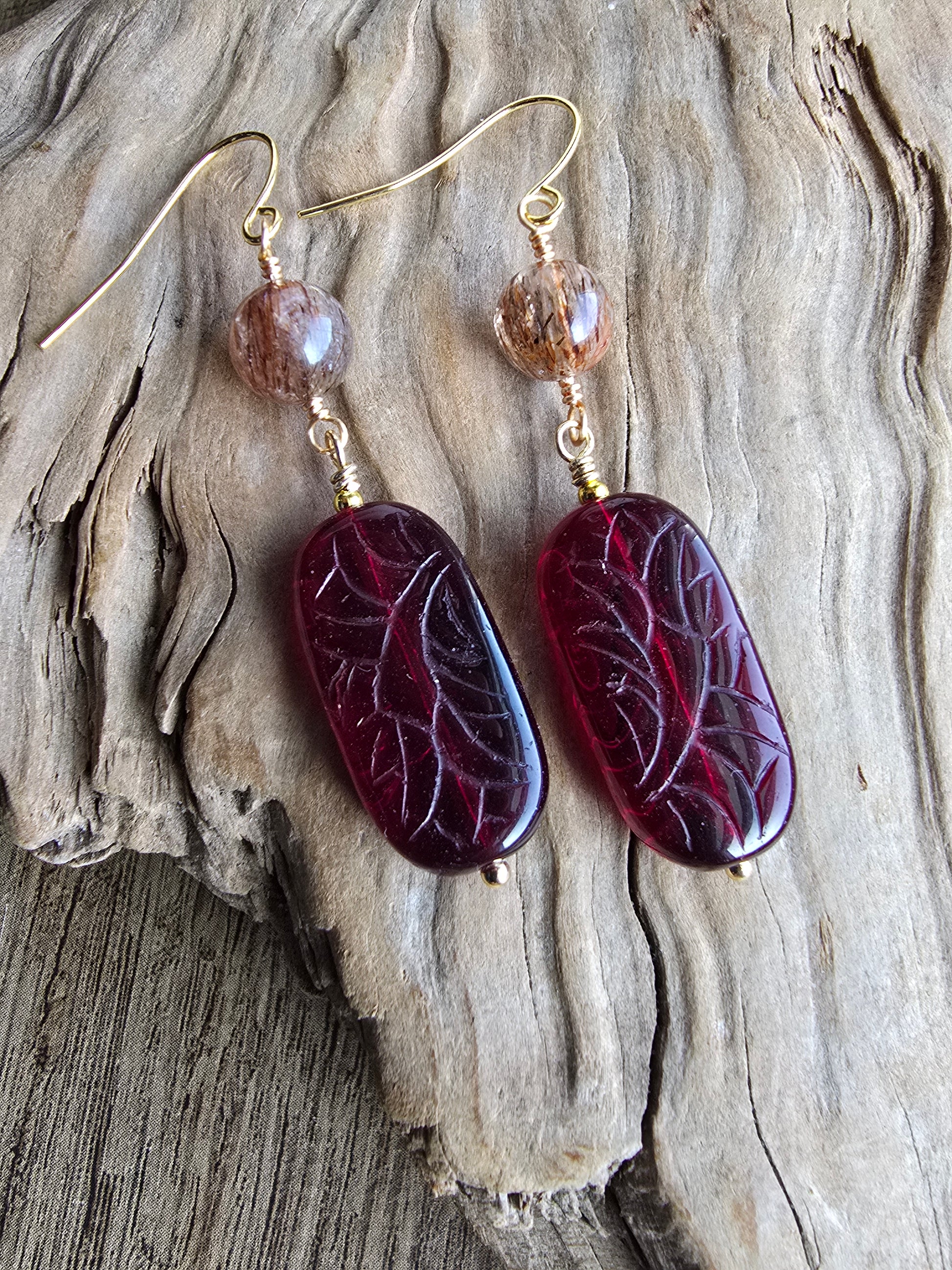 Rutilated Quartz & Carved Czech Glass Drop Earrings Sacred Sol Design