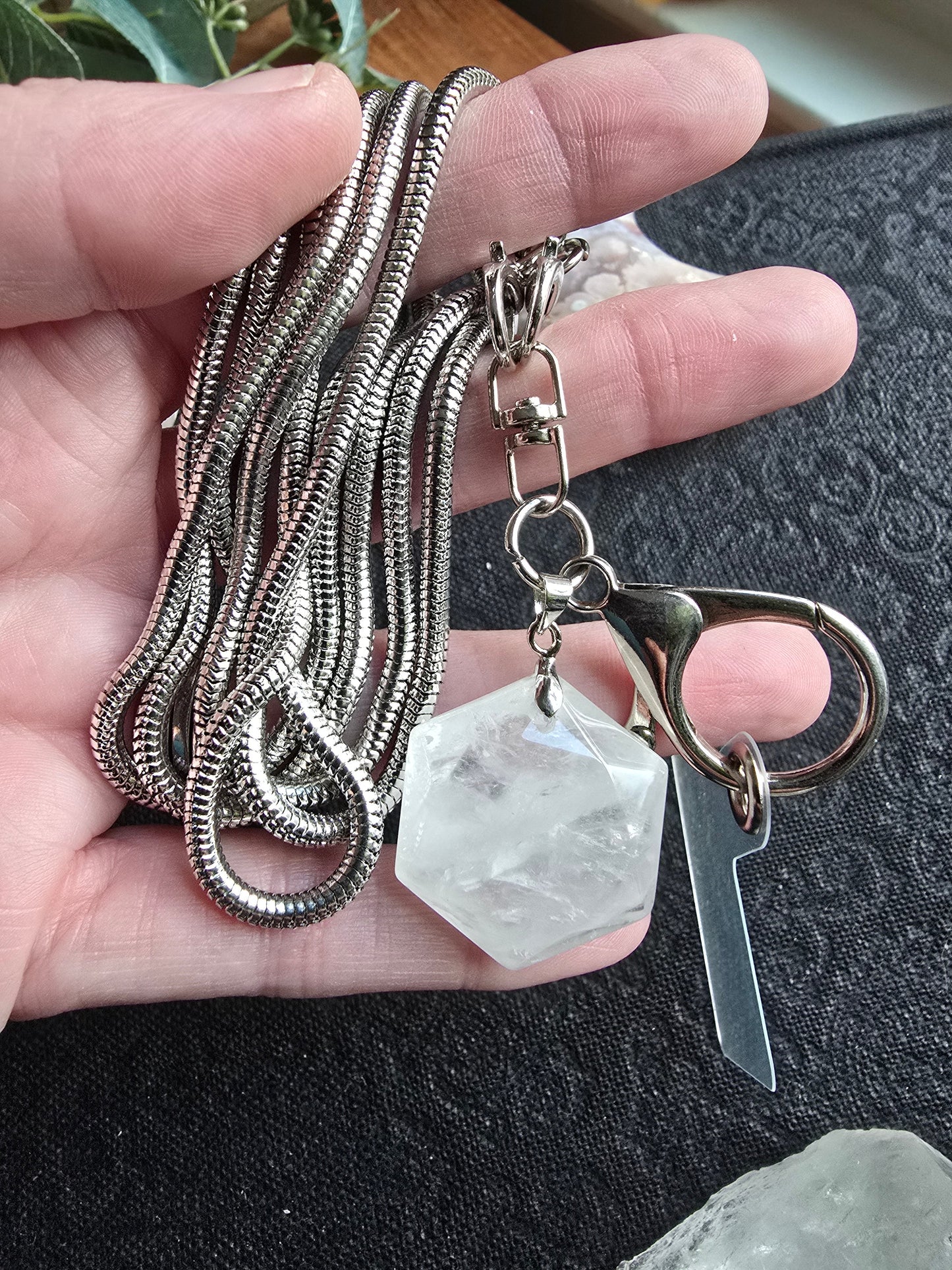 Elegant Snake Chain Lanyard with Natural Quartz Charm Sacred Sol Design