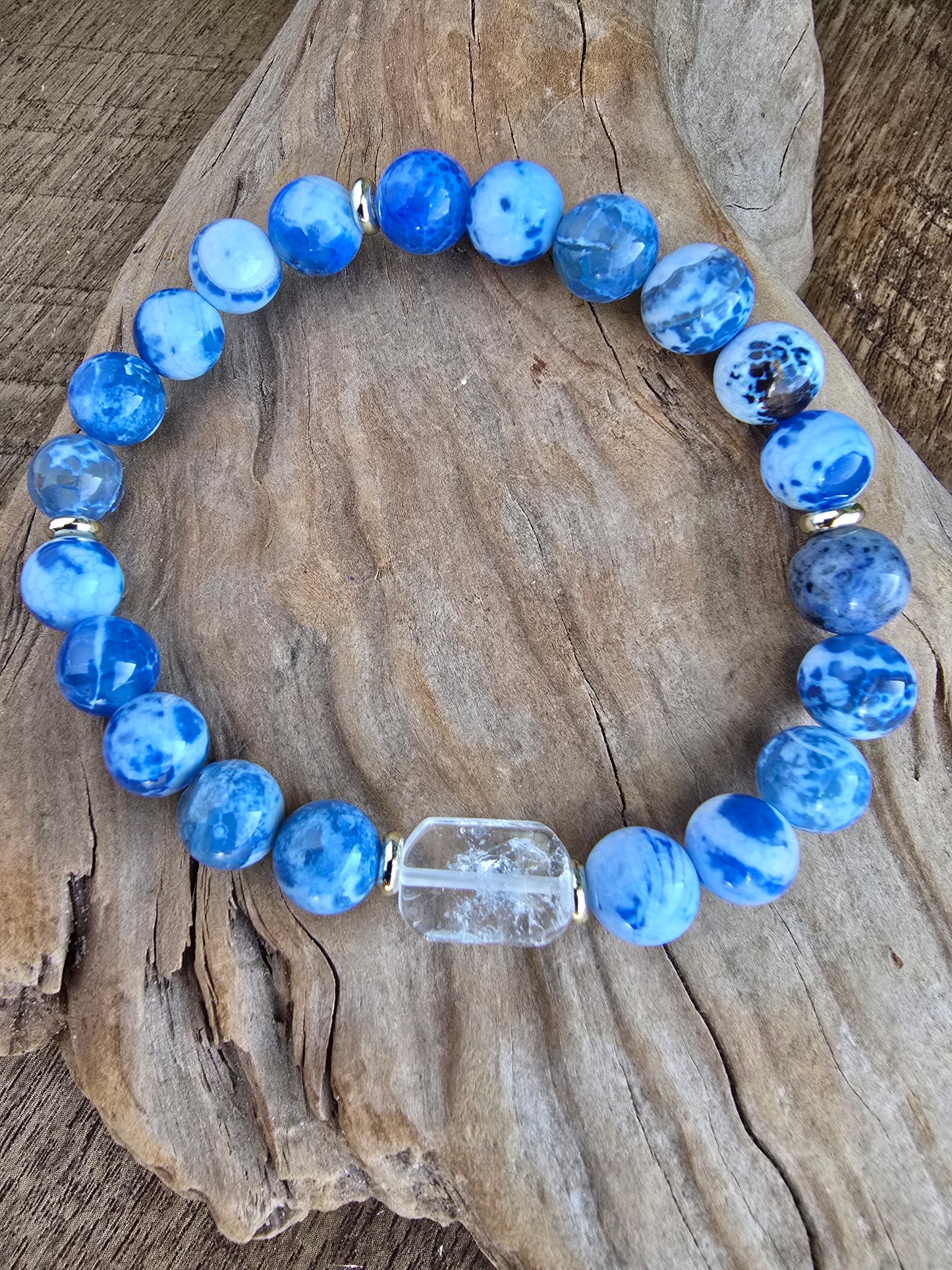 Agate Bracelet with Clear Quartz Focal, Blue or Green Gemstone Bracelet, Gold Plated Beaded Stretch Bracelet My Store