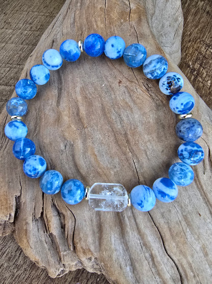 Agate Bracelet with Clear Quartz Focal, Blue or Green Gemstone Bracelet, Gold Plated Beaded Stretch Bracelet My Store