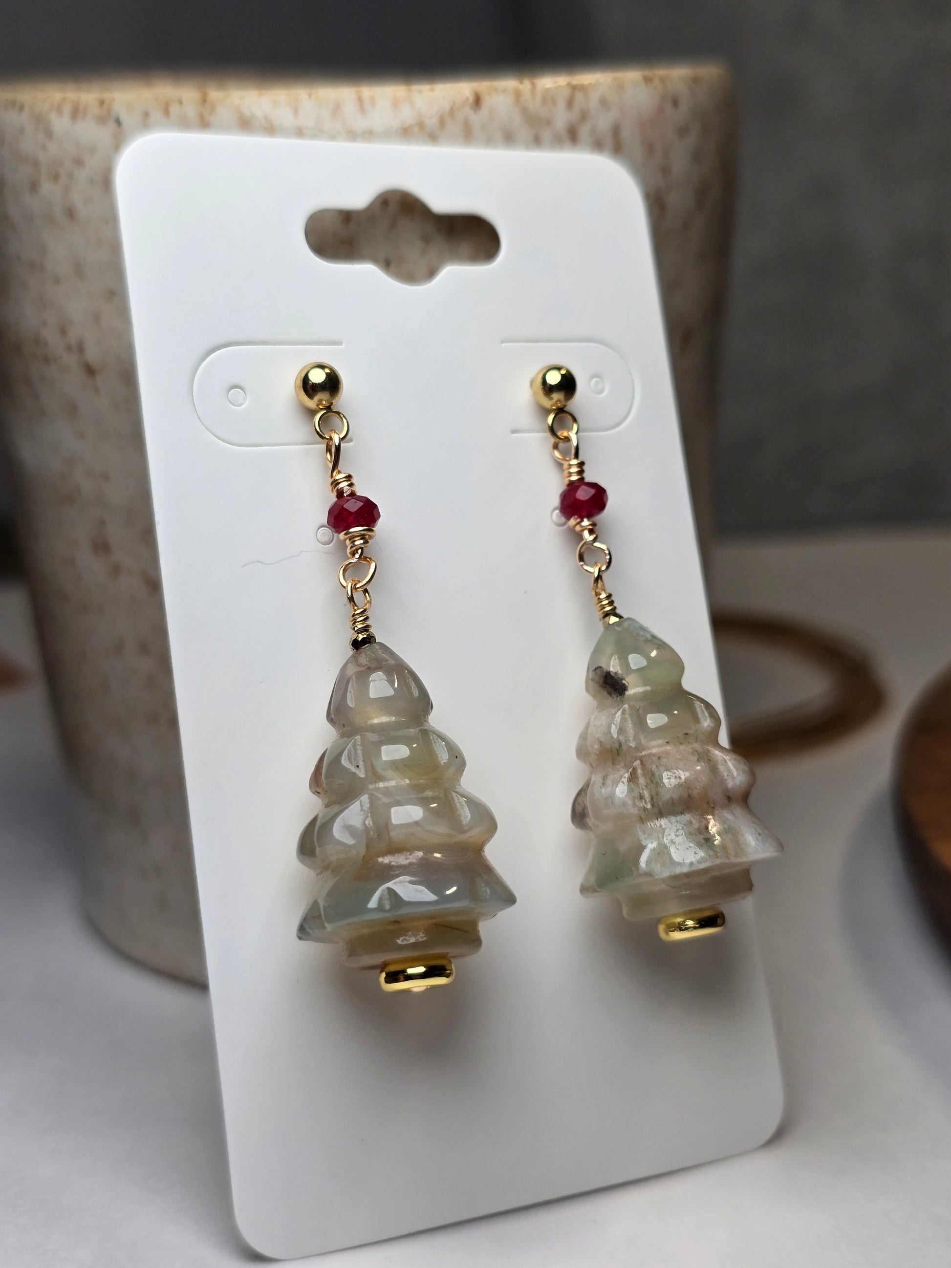 Sakura Agate & Ruby Christmas Tree Dangle Earrings Sacred Sol Design