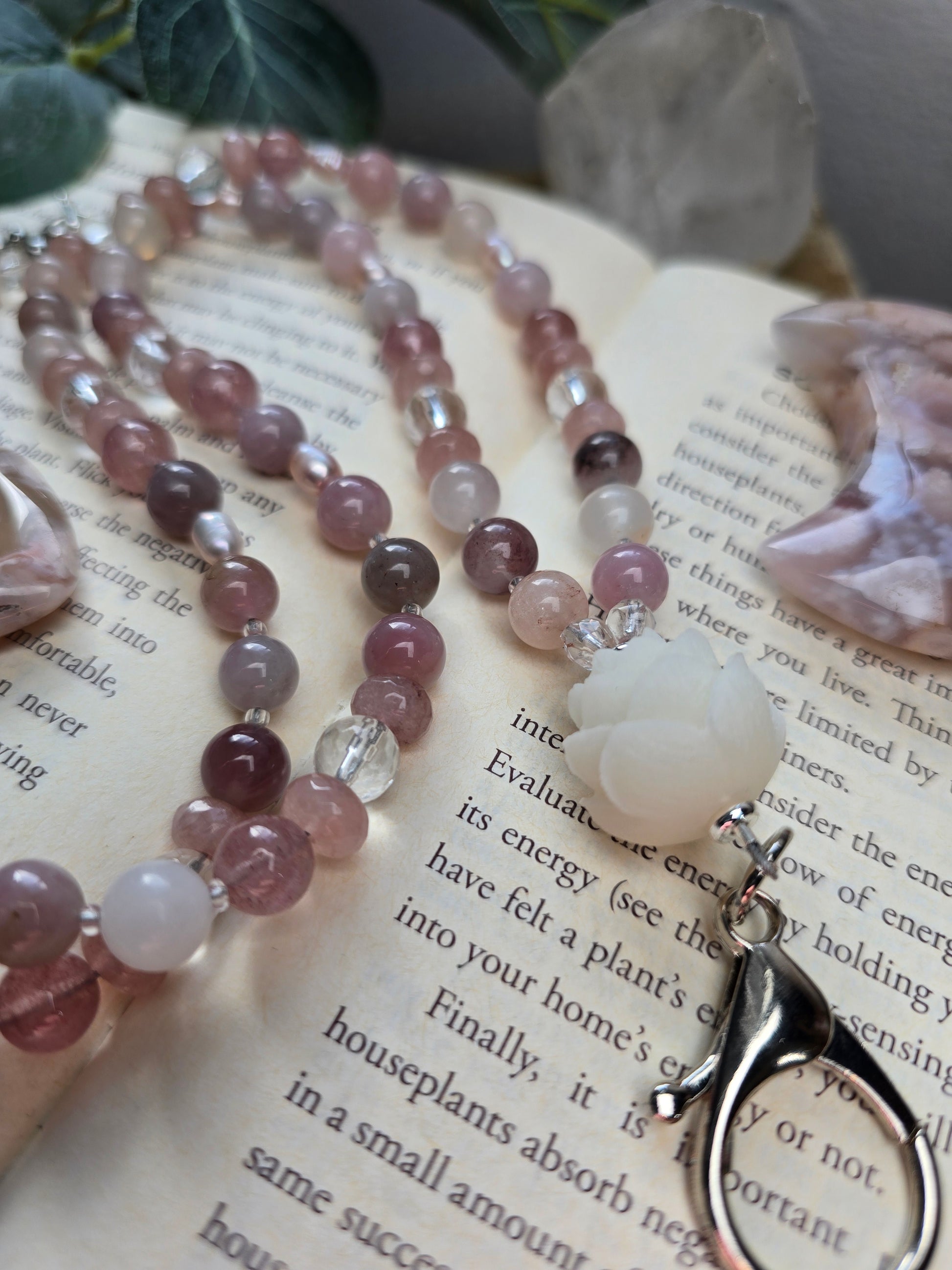 Lotus Bloom Lanyard - Purple Rose Quartz, Plum Jade, Strawberry Quartz, Pink Pearls Sacred Sol Design