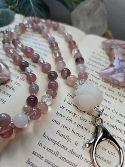 Lotus Bloom Lanyard - Purple Rose Quartz, Plum Jade, Strawberry Quartz, Pink Pearls Sacred Sol Design
