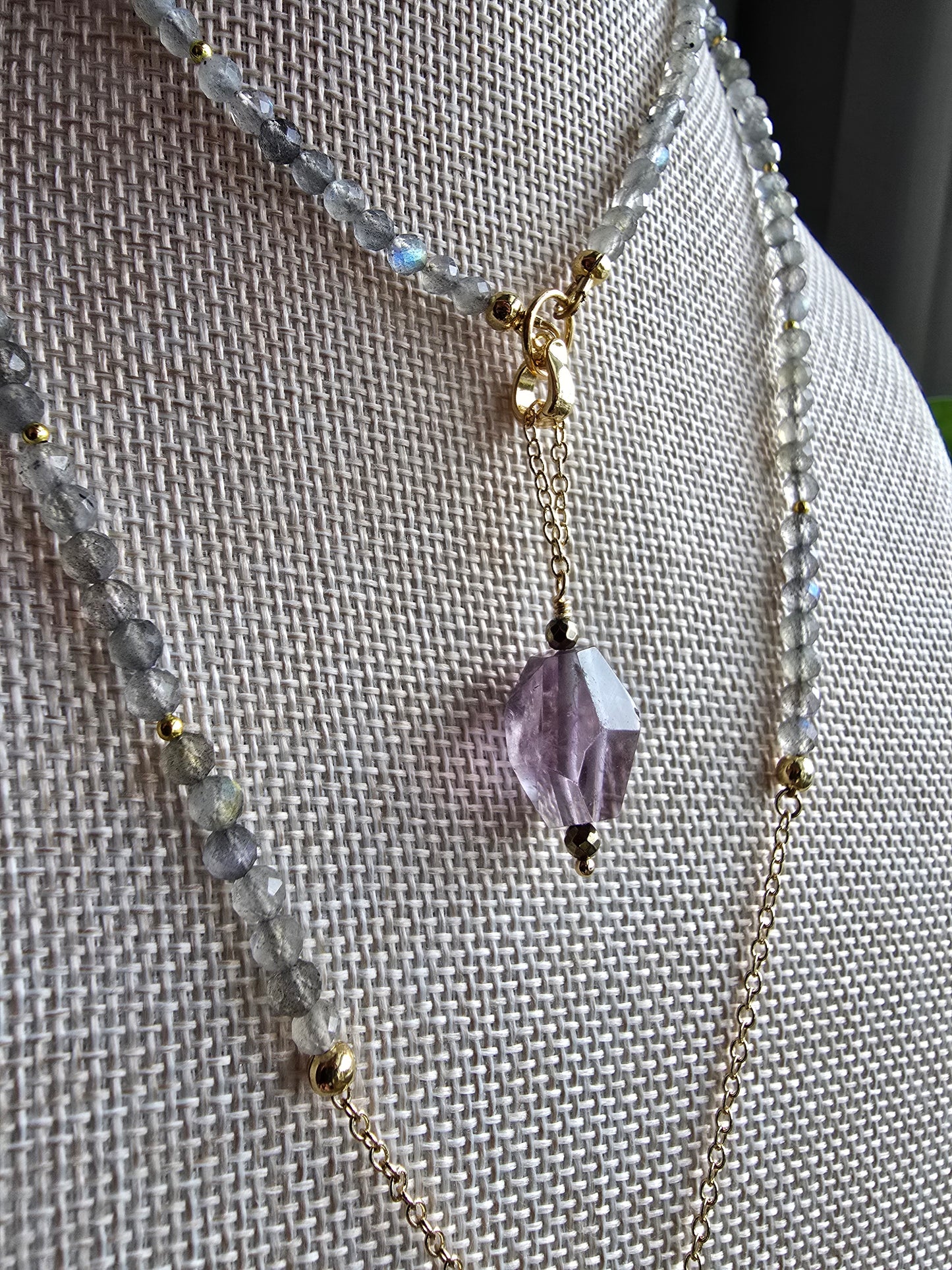 Solstice Drift Necklace | Labradorite, Amethyst & Mother of Pearl Layered Drop Necklace Sacred Sol Design