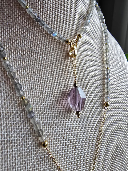Solstice Drift Necklace | Labradorite, Amethyst & Mother of Pearl Layered Drop Necklace Sacred Sol Design