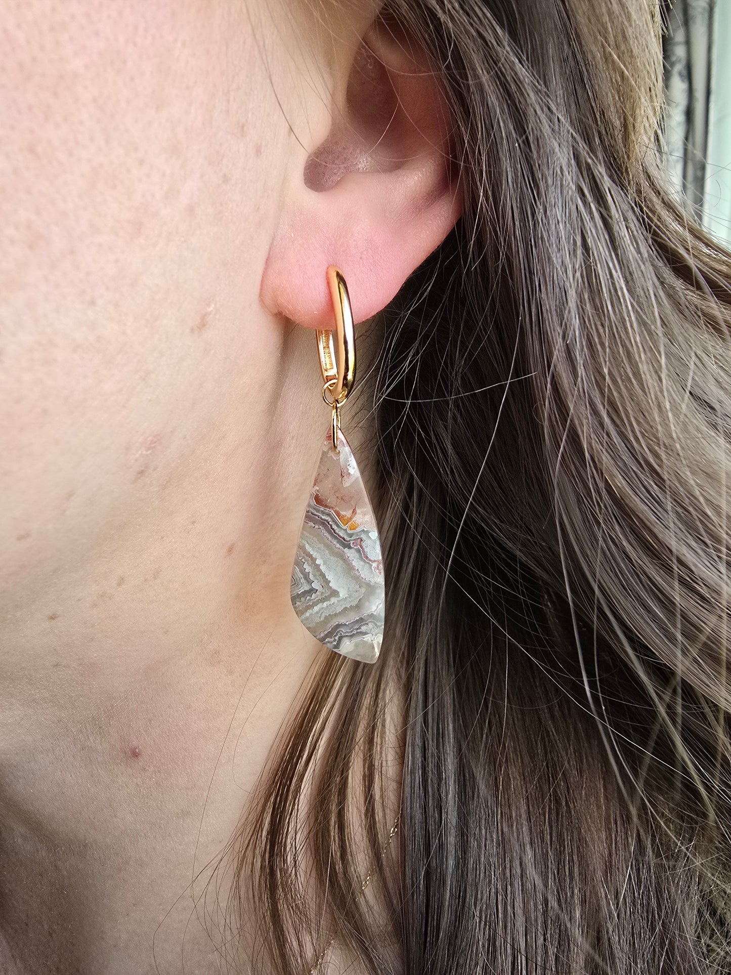 Gray Lace Agate Earrings – Neutral Banded Stone Drop Hoops Sacred Sol Design