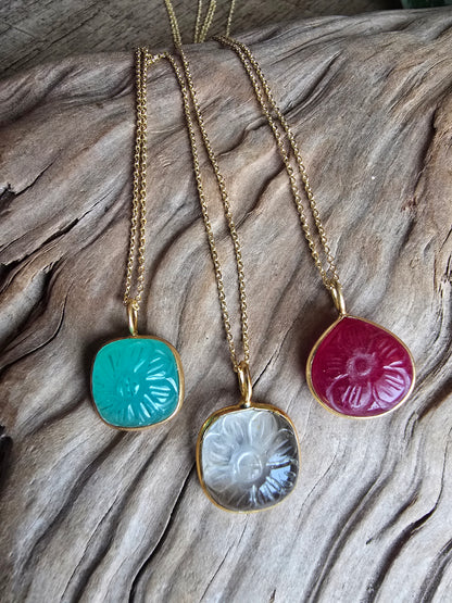Hand Carved Chalcedony, Ruby or Quartz Necklace – Gold Filled Chain – 18.5” Minimal Gemstone Pendant Sacred Sol Design