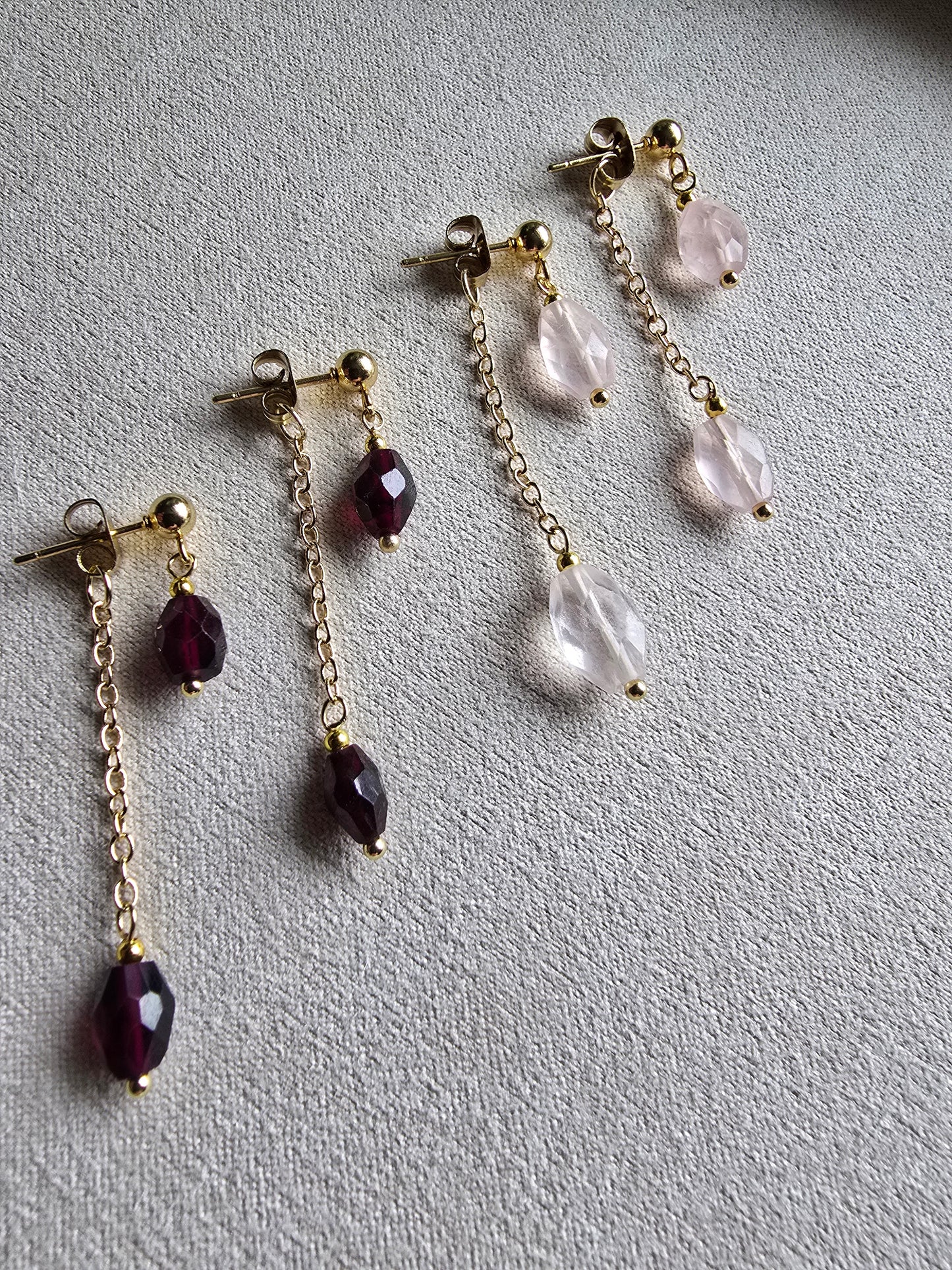 Gold Drop Earrings with Garnet or Rose Quartz - Dainty Chain Dangle Earrings - Minimal Gemstone Earrings Sacred Sol Design