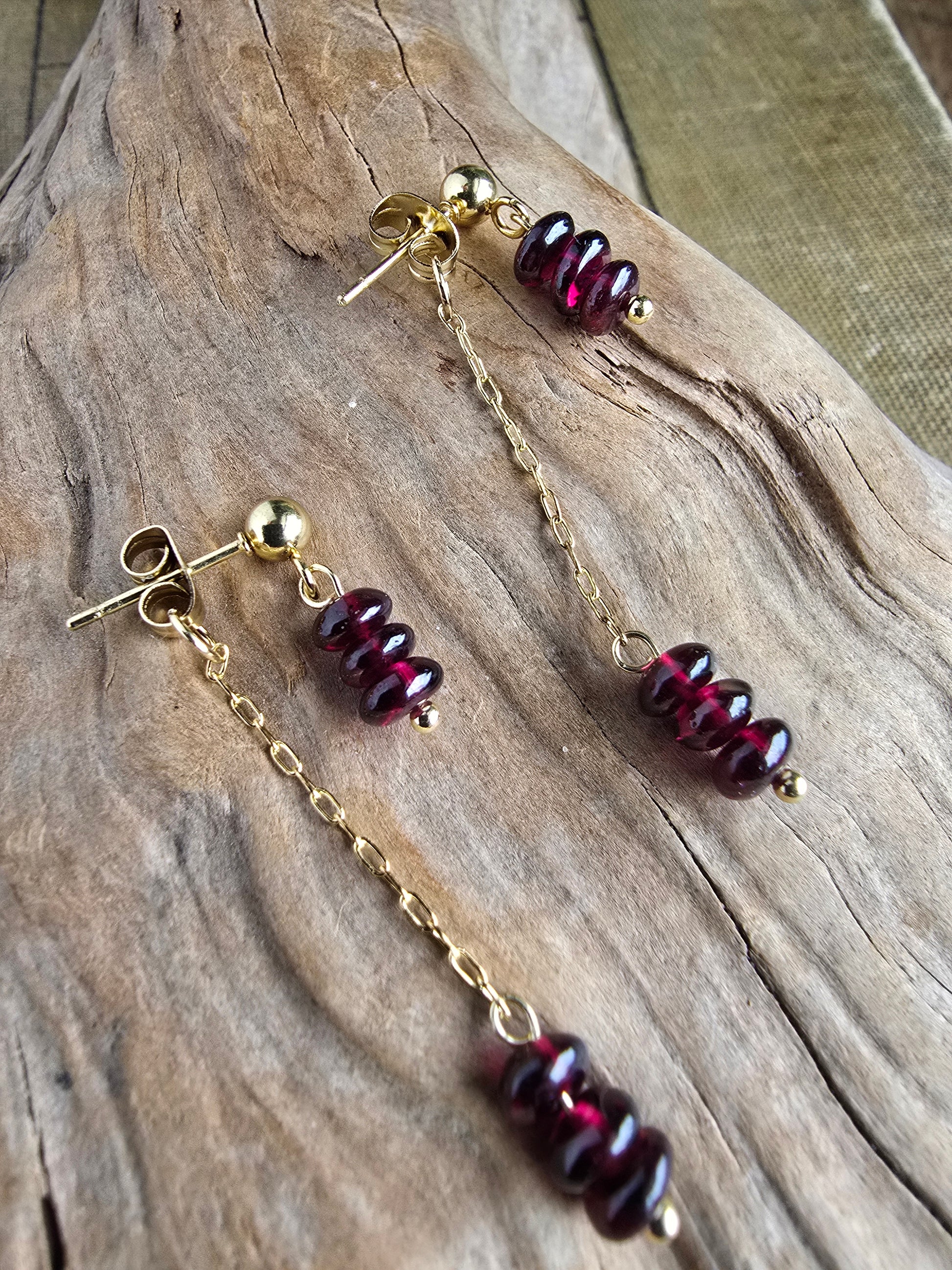 Garnet Earrings with Chain Dangle – Gold Plated Stud Earrings, Modern Minimal Stone Drops Sacred Sol Design